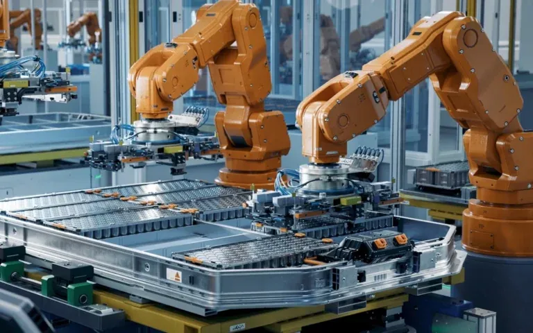 Industrial robots on a battery module assembly line